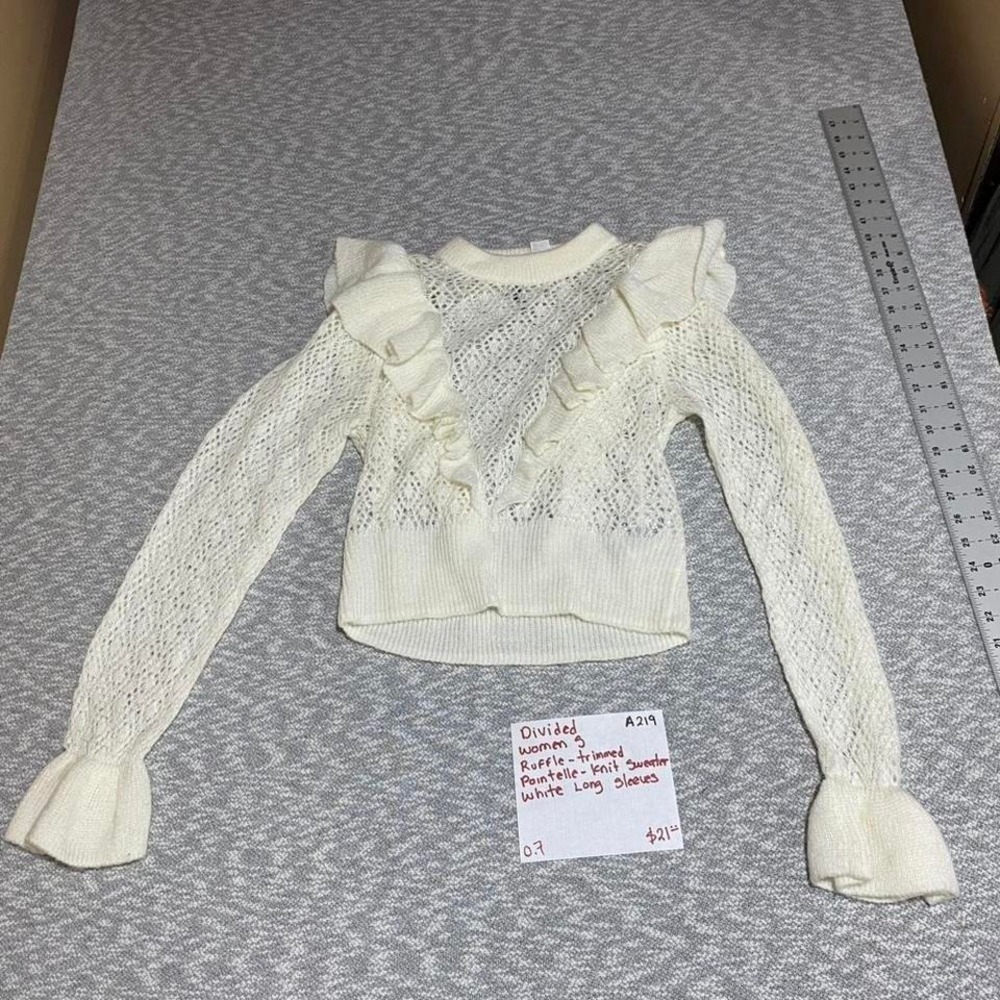 Divided White ruffle trimmed pointelle knit sweater women S. SKU-A219